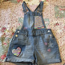 JORDACHE Blue Denim Jean Bib Overall Shorts - Girls M 7/8 Love/Heart/Sequin