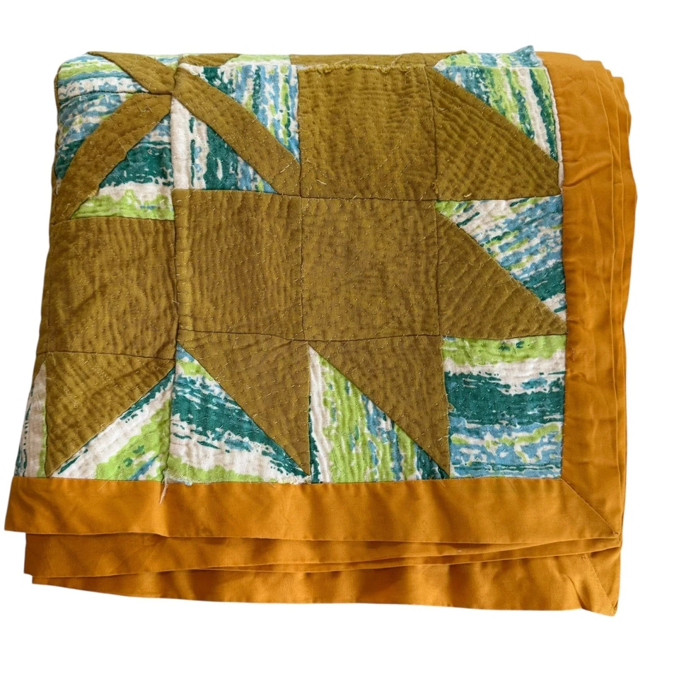 Винтажный ручной работы лоскутное одеяло Starburst медвежий коготь узор цветной 1970-х ретро 64 x 65 - Изображение 3 из 4