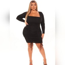 NWT Fashion Nova Black Long Sleeve Ruched Dress, Size Large