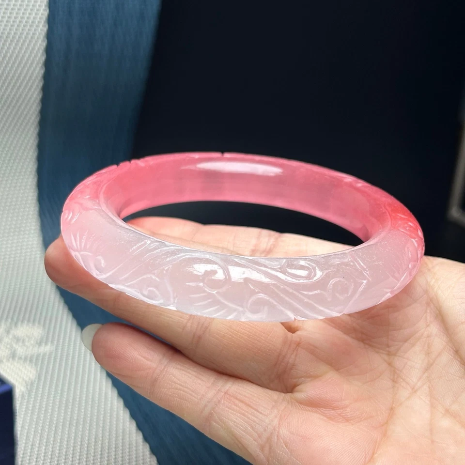 Vintage Natural Grade AAA Ice Pink Jade jadeite carved Ruyi bracelet bangle 62mm - Image 3 of 4