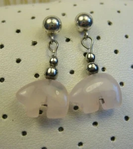 Vintage Sterling Silver Southwestern Rose Quartz Thunder Bear Dangle Earrings
