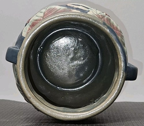 Reproduction Roseville Vintage Pottery Blue Ceramic Bushberry Bowl 4" Tall Vase - Picture 9 of 10