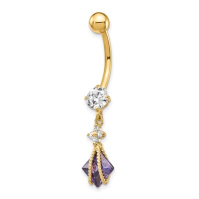 Echter 10K Gelbgold Prinzessin quadratischer Amethyst CZ Bauch Hänger; Damen & Herren