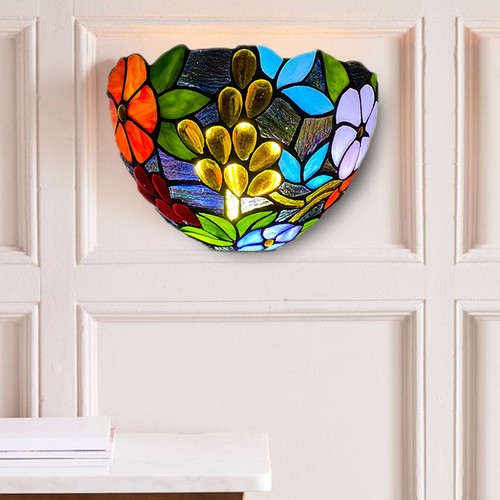 Tiffany Flower Style Wall Light Lamp Handcrafted Art 12" Blue Stained Glass UK - Picture 2 of 12
