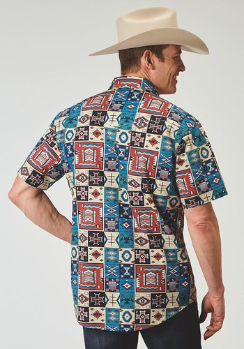 Roper Mens 1909 Vintage Patchwork Multi-Color 100% Cotton S/S Shirt - Picture 3 of 4