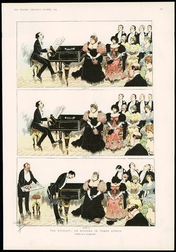 1895 Antique Print - COLOURED ILLUSTRATION LULLABY THREE SCENE PIANO SALON (265)