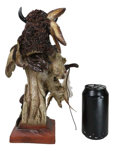 Figura busto jefe guerrero indio nativo con cuernos de búfalo y plumas - Imagen 8 de 9