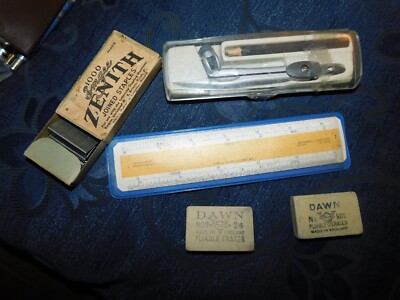 VINTAGE KLEINES KONVOLUT LINEAL ZIRKEL & BLEISTIFT IM ETUI + 2 X DAWN BLOCK RADIERGUMMIS 900/24