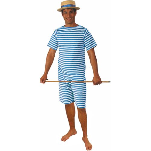 1920s Old Fashioned Bathing Suit Blue White Stripe Men's Halloween Costume S-XXL - Picture 1 of 2