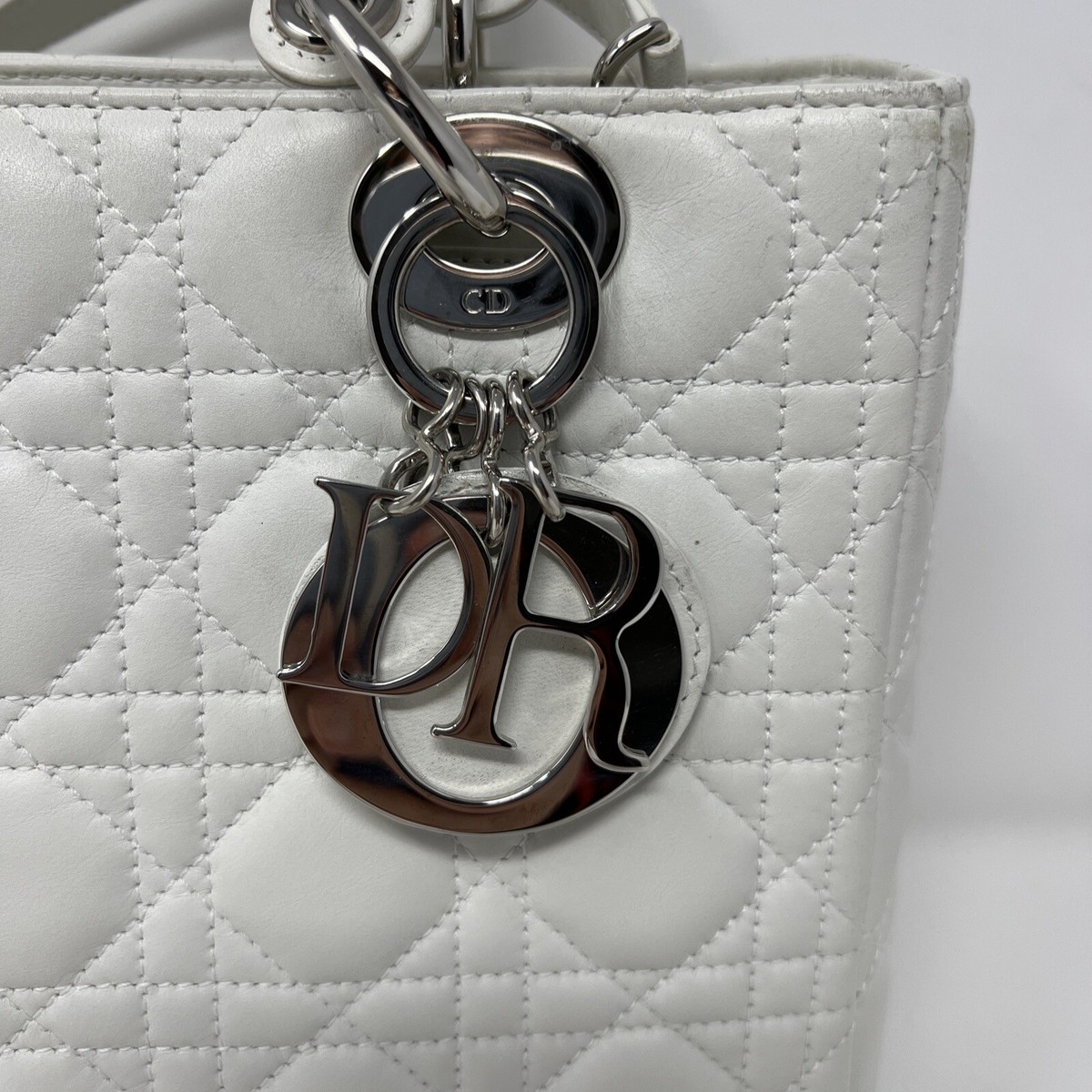 Auth DIOR ChristianDior Lady Dior Medium Bag - White Lambskin