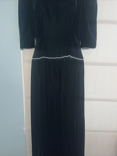 VTG Victorian Hunter Green Velvet Maxi Dress Custom Made For Wedding~Pearls~XS - Picture 4 of 9