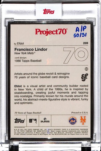 2021 TOPPS PROJECT 70 #269 FRANCISCO LINDOR by EFDOT - P70 AP SILVER FRAME 50/51 - Picture 2 of 2