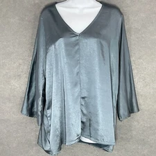 Grade & Gather Tunic Top V-Neck 3/4 Sleeve Flowy Lightweight Blouse Blue Gray M