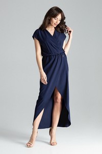 Robe longue femme bleu manches courtes asymétrique fendue qualité LENITIF L033