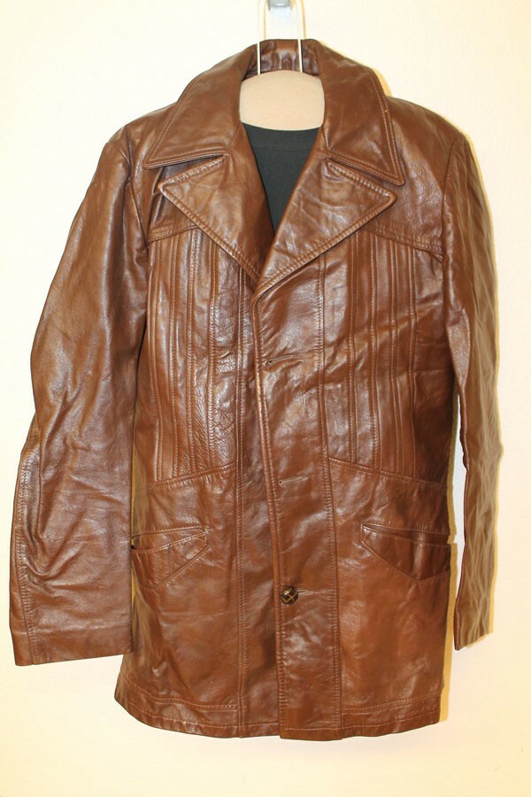 MENS VINTAGE PECAN BROWN LEATHER REMOVABLE LINER CAR COAT/JACKET