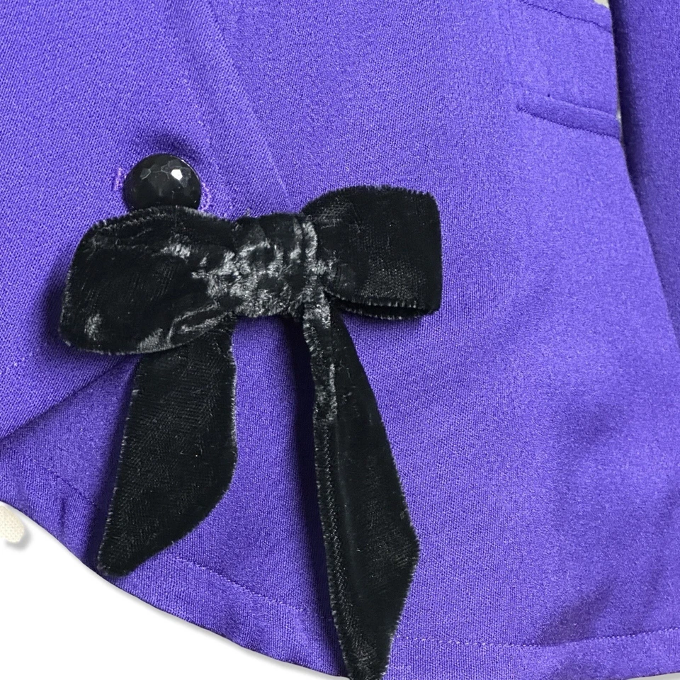 全新带标签 复古 80 年代 Emanuel Ungaro Ter 羊毛夹克女式 4 码紫色黑色天鹅绒蝴蝶结 — 第 4/4 张图片