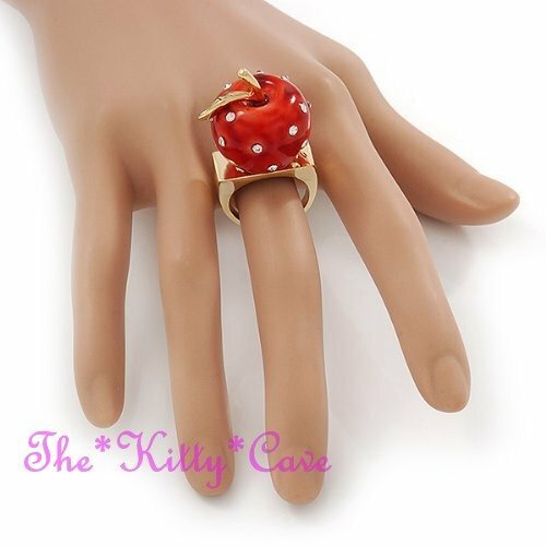 Manzana Roja, Bohemio Fruta, Lindo Oro Cóctel Anillo Con Cristales de Swarovski - Imagen 2 de 9