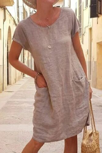 Mujer Algodón Lino Informal Suelto Mini Vestido Manga Corta Playa Camiseta Solero - Imagen 7 de 10