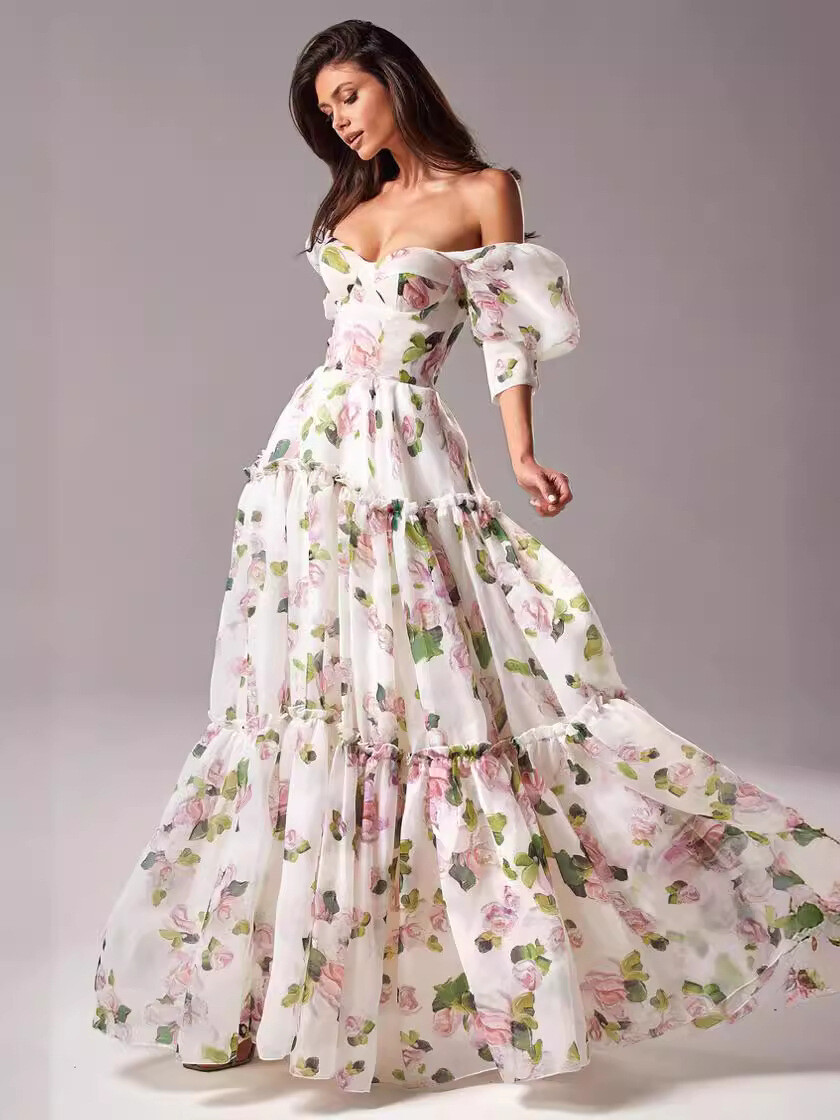 住まい/暮らし/子育て Floral Sexy Long Gown New Sexy Off Shoulder Dress Women Fashion Printed Floral