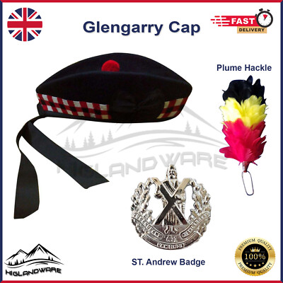 Highland Scottish Glengarry Mütze Piper Bonnet dreifach gewürfelt mit Abzeichen & Hackle