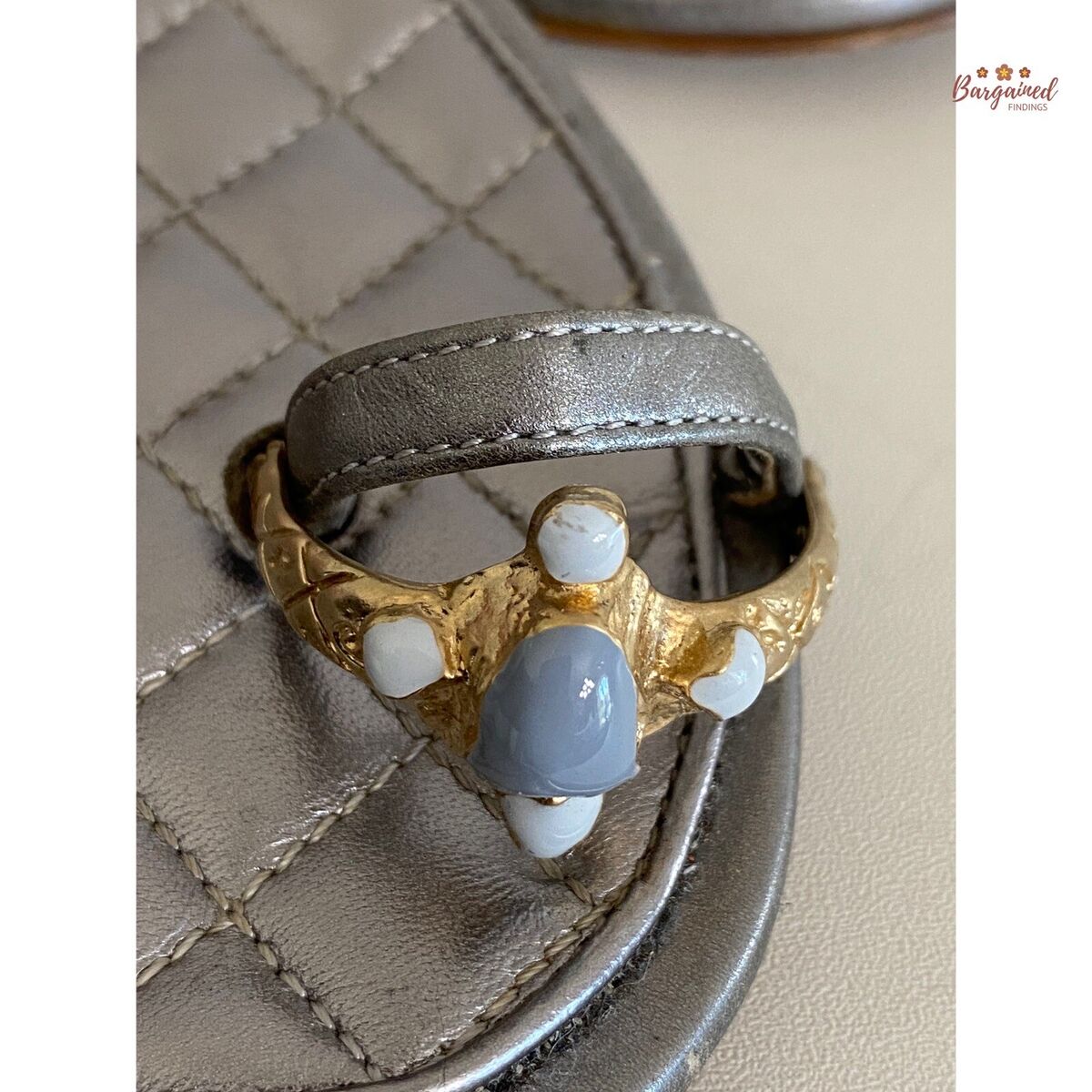 Authentic CHANEL Silver Leather Enamel Embellished Toe Ring Authentic CHANEL Silver Leather Enamel Embellished Toe Ring