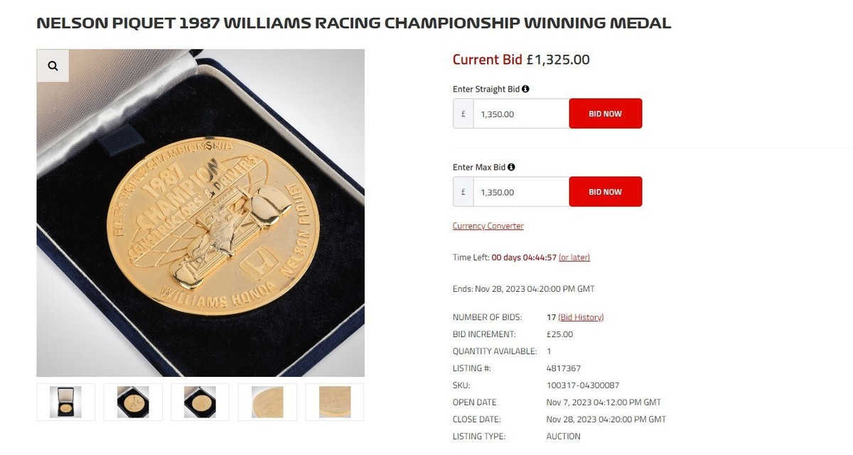 1987 F1Champion Medal Nelson Piquet