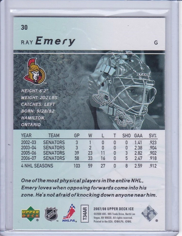 Ray Emery 2007 Upper Deck Ice Hockey Card 30 Grade MT - Image 2 of 2