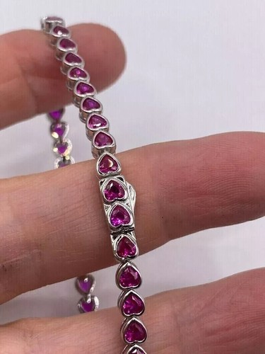 Tennis Bracelet 6.50Ct Created Heart Red Ruby Gift 14K White Gold Finish Women's - Picture 2 of 4
