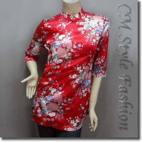 * Chinese Cheongsam Qipao Style Floral Satin Tunic Top Red S