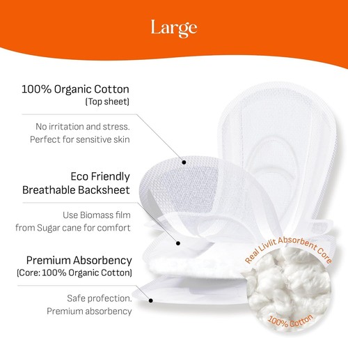 Large Size Ultra Thin Organic Cotton Sanitary Pads 12 Ct Unscented Chlorine Free - Picture 5 of 5