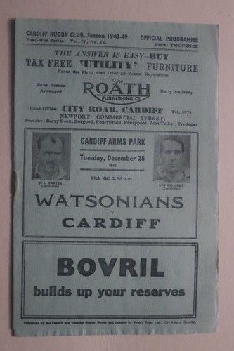 Cardiff v Watsonians 1948-1949 Rugby Union programme