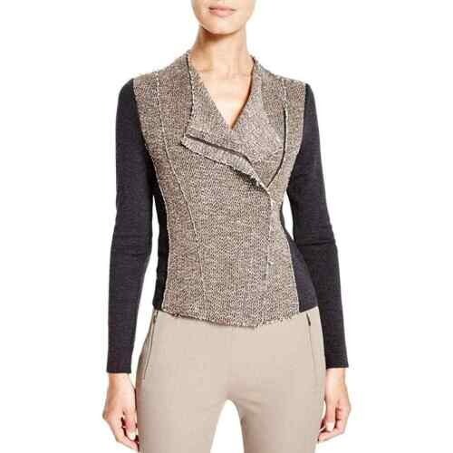 Elie Tahari Gabby Wool-Blend Moto Jacket Blazer Asymmetrical Zip Tweed Raw Edge - Foto 1 di 11