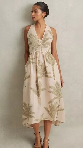 Nuevo Vestido Reiss Alice Floral Lino Palma Tostado Tropical Talla 2 Midi Mujer - Imagen 2 de 9
