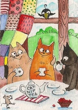 Print of ACEO WATERCOLOR PAINTING RYTA BLACK CAT CATNIP CROW FOLK TEA MOUSE ART