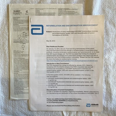 Rare Vicodin News Release 2012 Reformulation Abbott Drug Rep HP ES Opioid Pharma