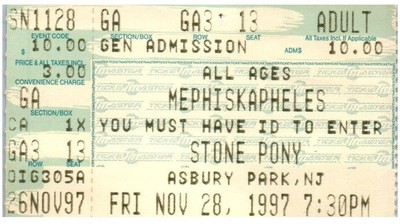 Mephiskapheles Ticket Stub November 28 1997 Asbury Park New Jersey Stone Pony