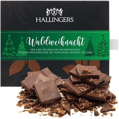 Hallingers Waldweihnacht Vollmilch Edel-Schokolade mit Haselnuss-Nougat, handgem