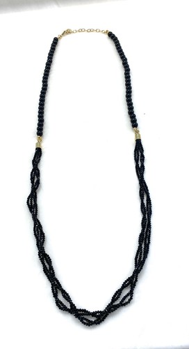 Talbots Long Black Beaded Necklace Gold Tone Spacers