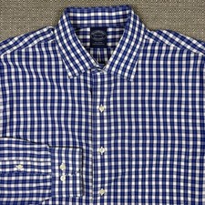 Brooks Brothers Mens Shirt 16 1/2 16.5 34 35 Long Sleeve Blue White Plaid Regent