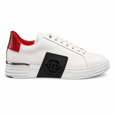 Philipp Plein Herrenschuhe Sneaker Lo-Top Hexagon White Red Shoes Man 44