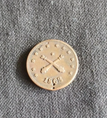 ORIGINAL 1863 CIVIL WAR TOKEN MILITARY NECESSITY NECESITY CROSSED CANNONS