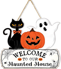 Halloween Door Wreath Welcome Sign Pumpkin Ghost Black Cat Wooden Hanging Decor