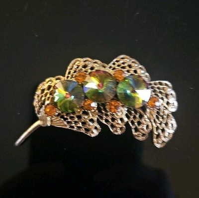 Vintage Filigree Leaf Watermelon Rivoli Vitrail Crystal Gold Tone Brooch Pin