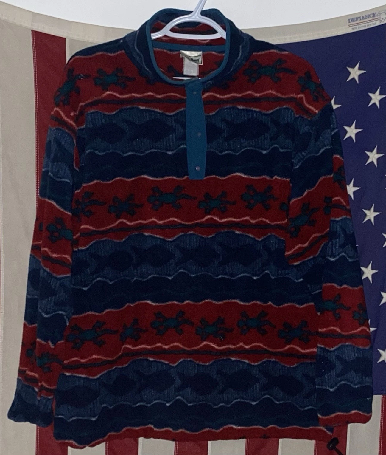 LL BEAN Vintage 90’s Fleece Gecko/Fish Aztec Snap Front Jacket Size Large EUC