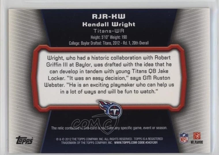 2012 Topps Jumbo Rookie Relics Kendall Wright #RJR-KW RC - Image 2 of 2