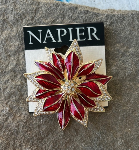 Vintage Napier Signed Poinsettia Red Enamel -Crystal Accents-Gold Plated- Holida - Picture 2 of 3