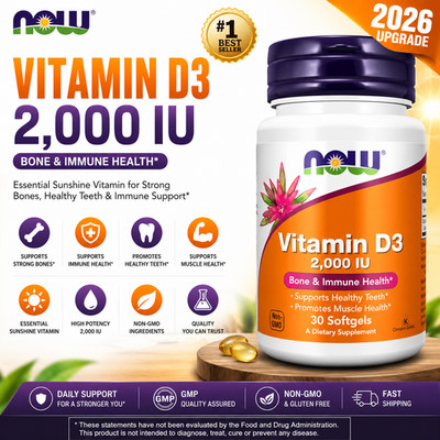 NOW Foods Vitamin D-3 2000 IU High Potency 30 Softgels Bone Immune Support Non-G