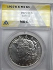 1922 D PEACE DOLLAR ANACS MS63 -VAM 1 90% Silver