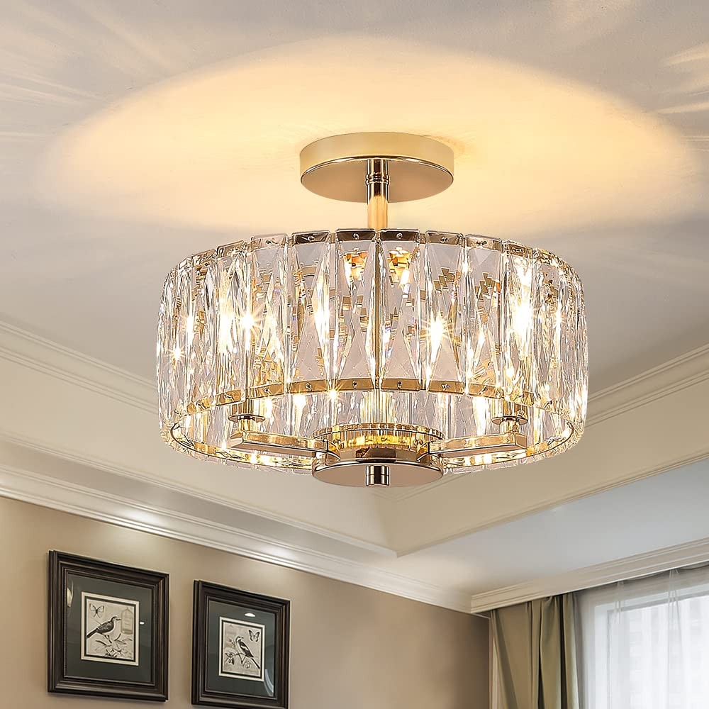 K9 Crystal Gold Chandelier Ceiling Light 3-Light Modern Mini Semi Flush Mount Fixture