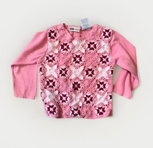 Faded Glory 4T Pink & Red Ramie Cotton Granny Square Long Sleeve Crochet Sweater